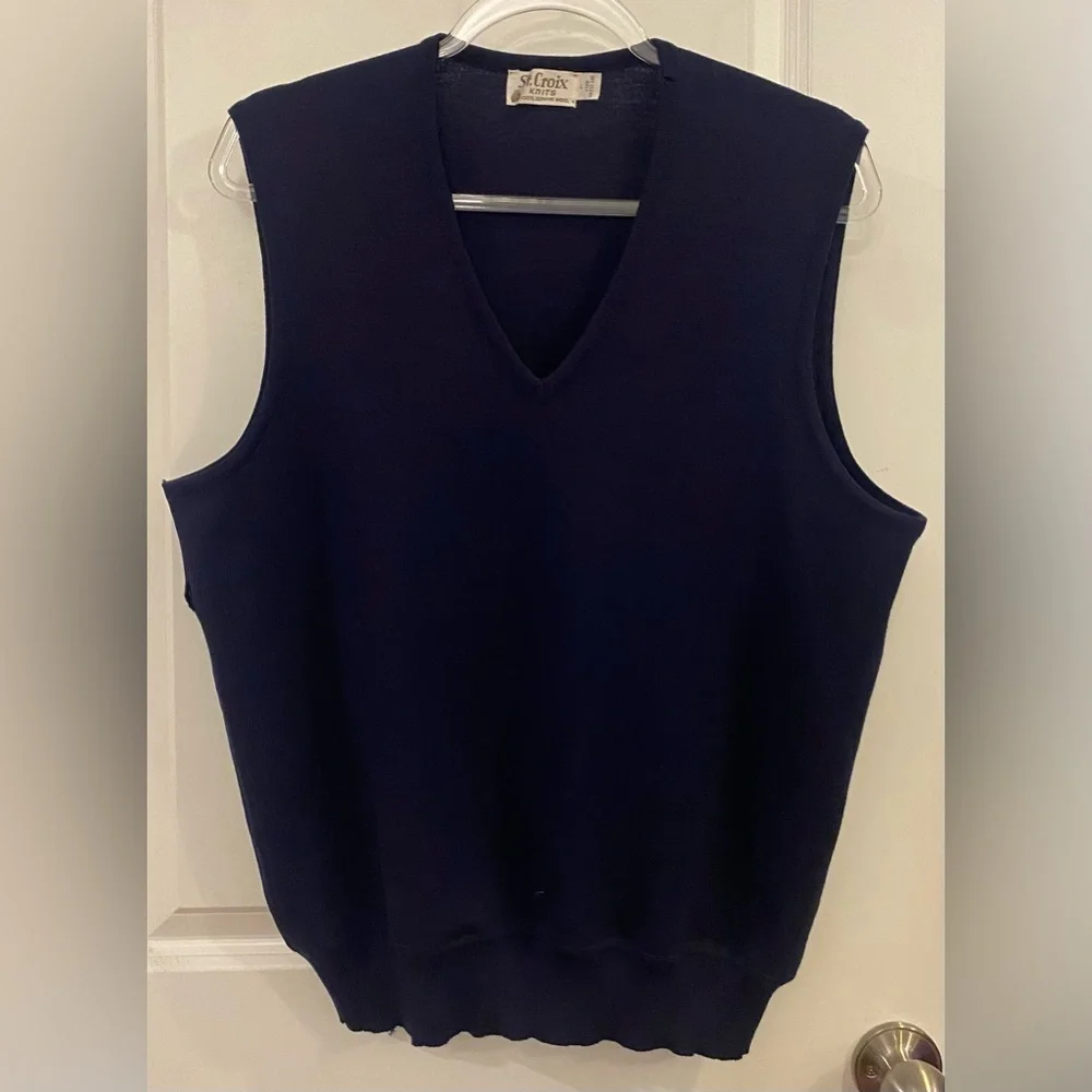 St Croix Knits Sweater Vest Sz L Navy Blue 100% Zephyr Wool Vintage